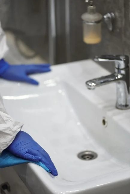 Person in protective suit disinfecting room with fogging device for sanitation.